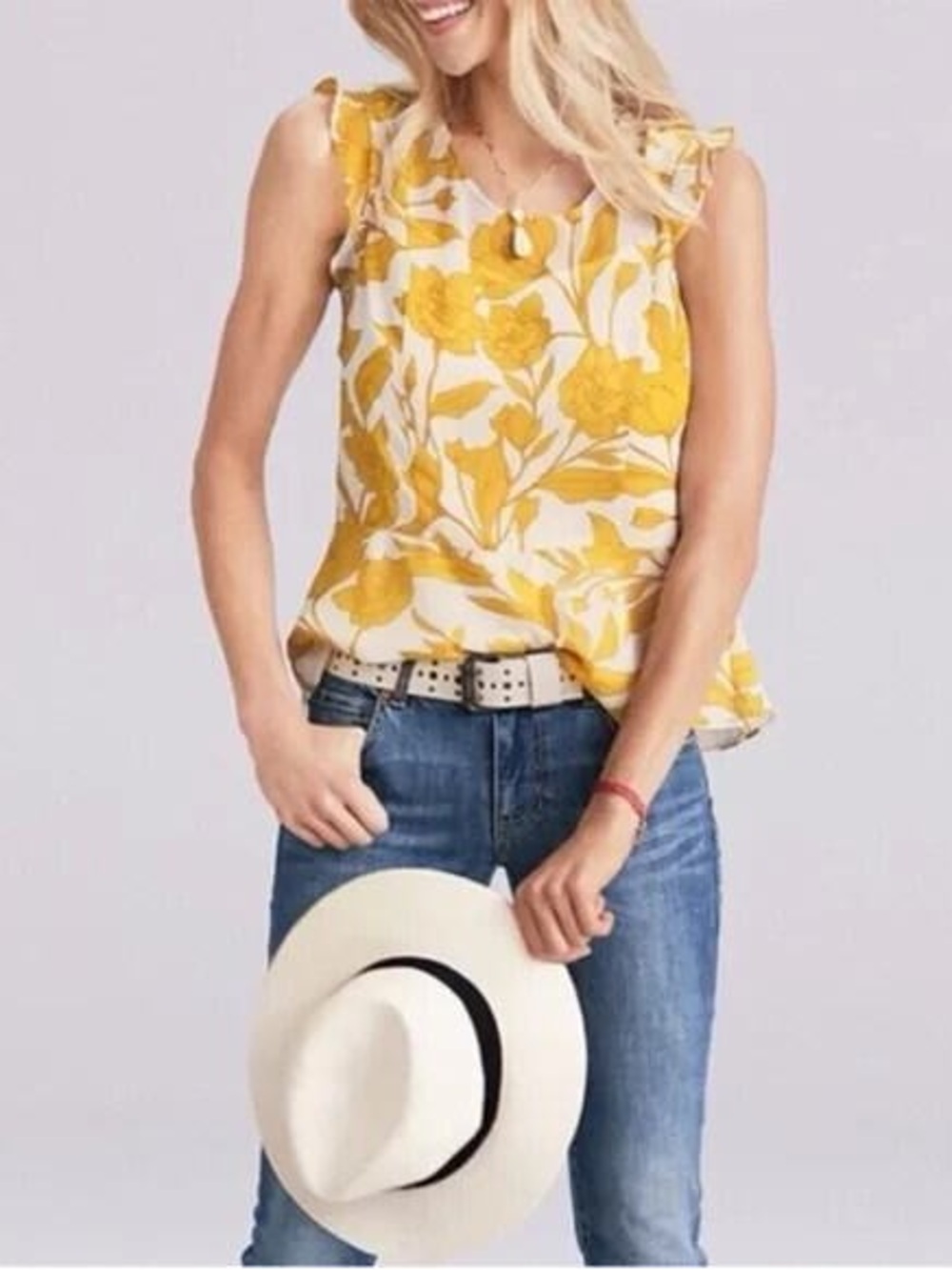 CAbi Sunrise Yellow Floral Peplum Blouse w/Flutter Sleeve Size Small